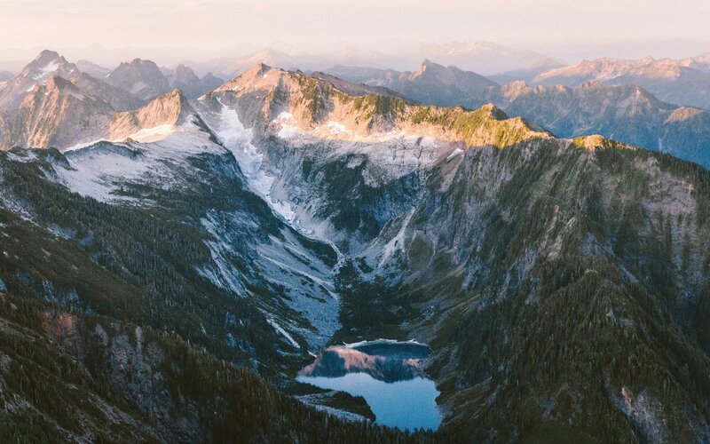 Mountain Lake at Sunrise — Blue, Serene, Photograph, Snow, Forest