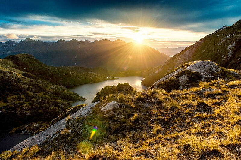 Mountain Lake at Sunrise — Blue, Serene, Photograph, Sun, Mountains