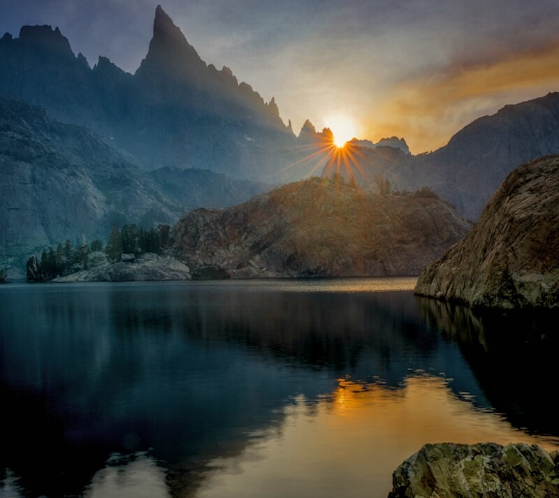 Mountain Lake at Sunrise — Blue, Serene, Photograph, Sun