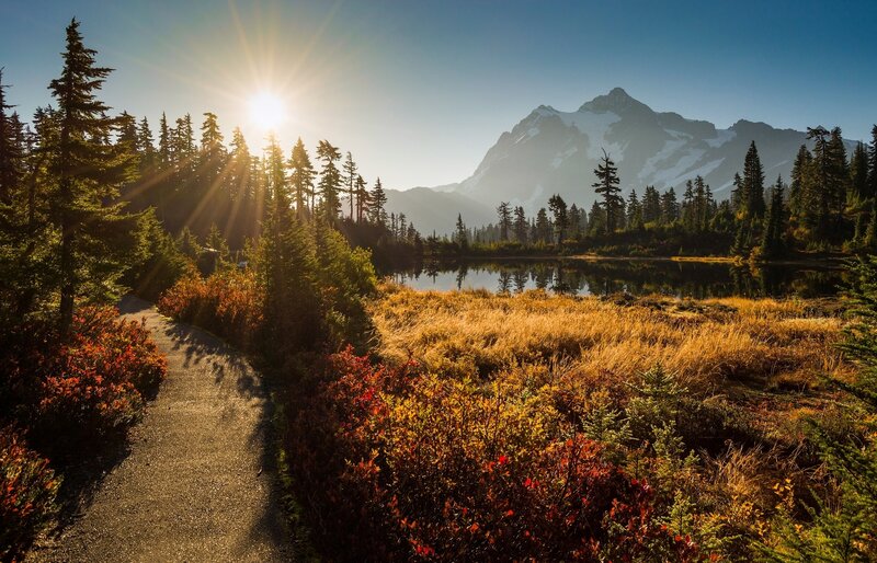 Mountain Lake at Sunrise — Blue, Serene, Photograph, Sun, Trees