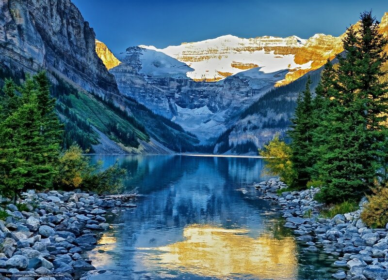 Mountain Lake at Sunrise — Blue, Serene, Photograph, Trees, Snow-capped Mountains