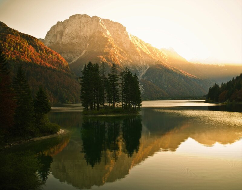Mountain Lake at Sunrise — Gold, Serene, Photograph, Mountains