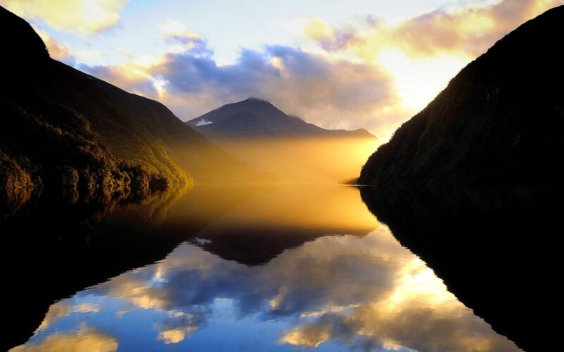 Mountain Lake at Sunrise — Gold, Serene