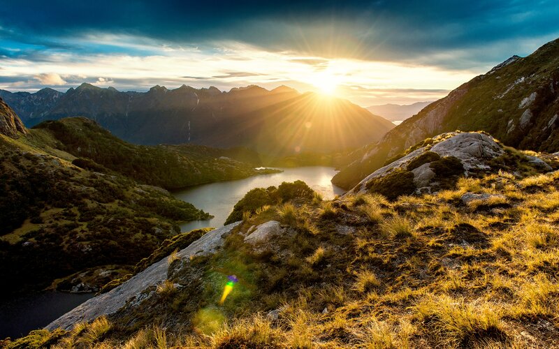 Mountain Lake at Sunrise — Green, Dramatic