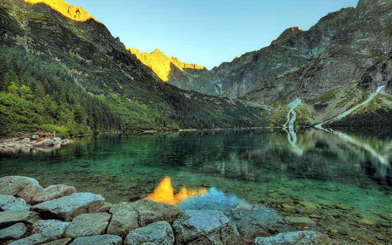 Mountain Lake at Sunrise — Green, Serene, Photograph, Mountains, Forest, Reflection, Rocks