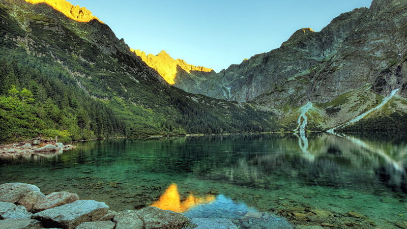 Mountain Lake at Sunrise — Green, Serene, Photograph, Mountains, Forest, Reflection