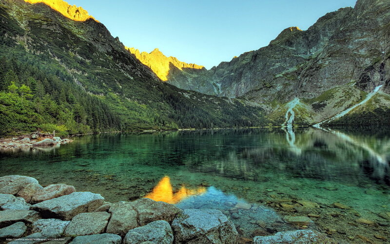 Mountain Lake at Sunrise — Green, Serene, Photograph, Mountains, Forest, Rocks, Reflection