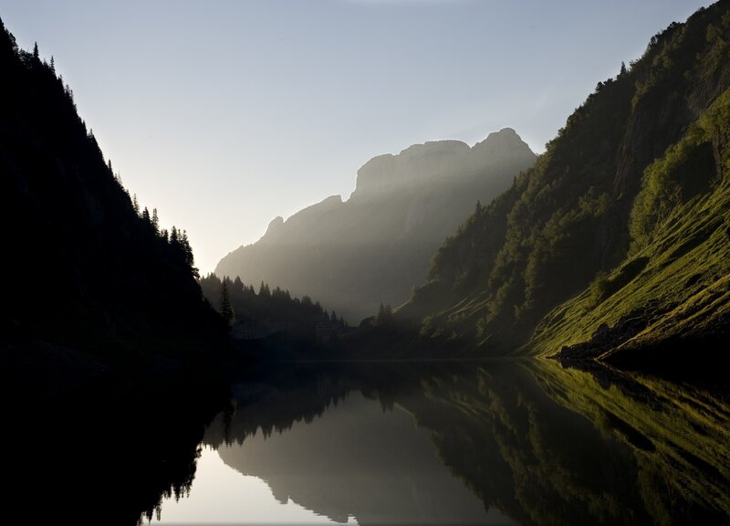 Mountain Lake at Sunrise — Green, Serene, Photograph, Mountains, Forest
