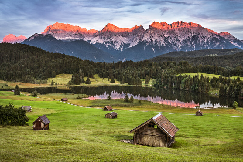 Mountain Lake at Sunrise — Green, Serene, Photograph, Mountains, Huts
