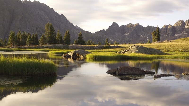 Mountain Lake at Sunrise — Green, Serene, Photograph, Mountains, Trees