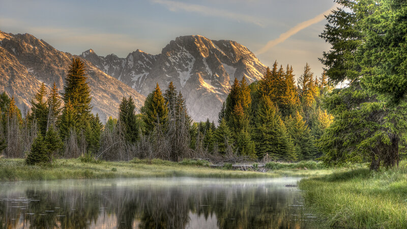 Mountain Lake at Sunrise — Green, Serene, Photograph, Trees, Mountains