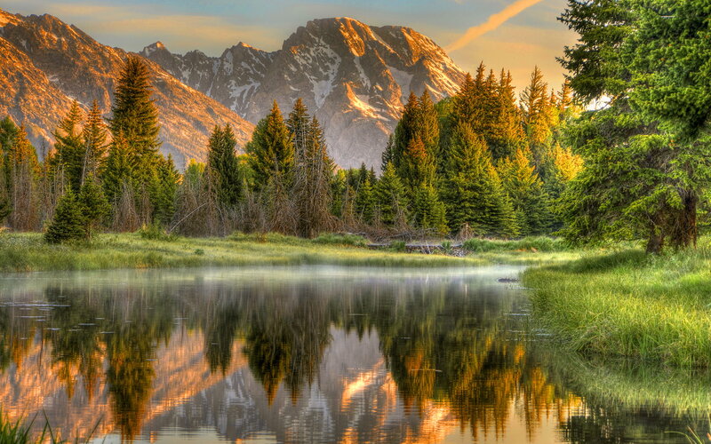 Mountain Lake at Sunrise — Green, Serene, Photograph, Trees