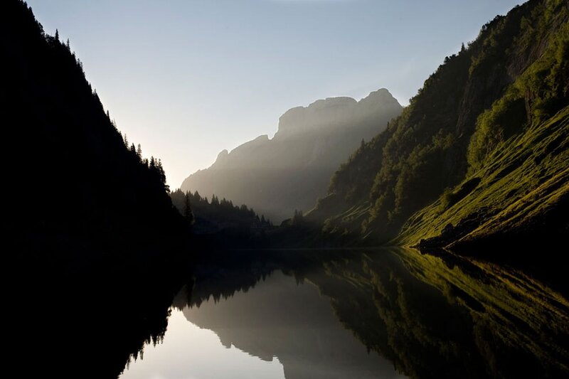 Mountain Lake at Sunrise — Green, Serene