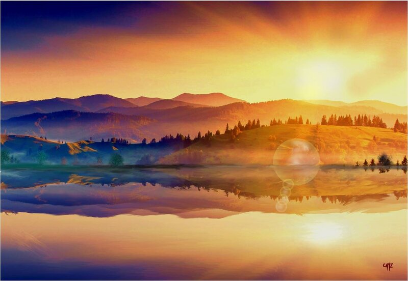 Mountain Lake at Sunrise — Orange, Serene, Digital Art