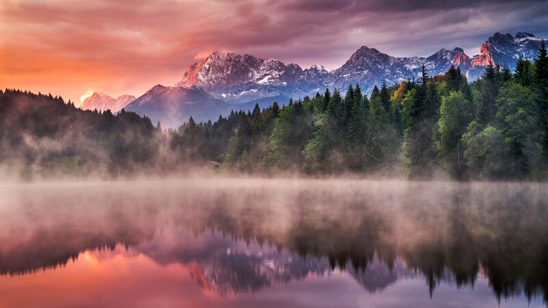 Mountain Lake at Sunrise — Orange, Serene, Photograph, Mountains, Forest