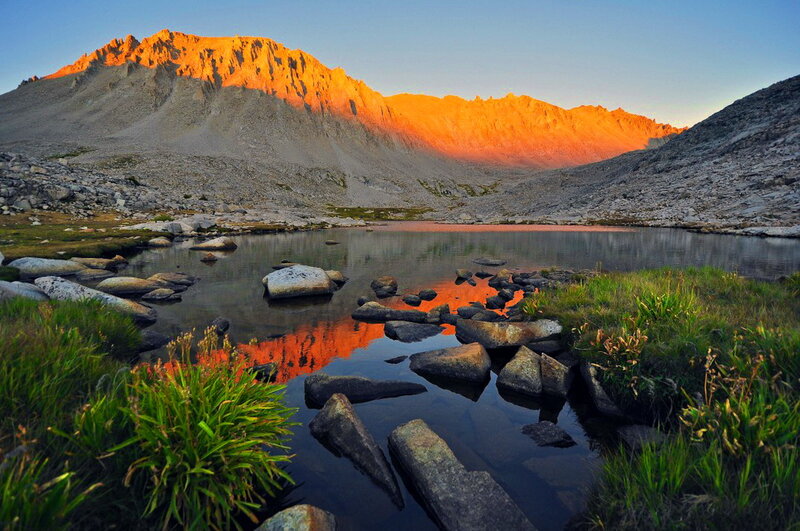 Mountain Lake at Sunrise — Orange, Serene, Photograph, Mountains