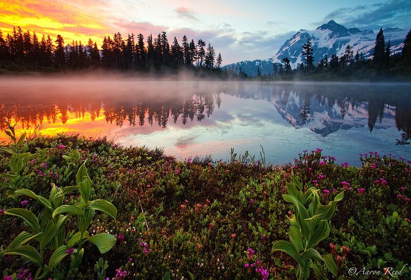 Mountain Lake at Sunrise — Orange, Serene