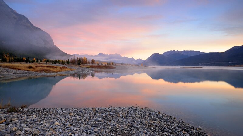 Mountain Lake at Sunrise — Pink, Serene, Photograph, Mountains