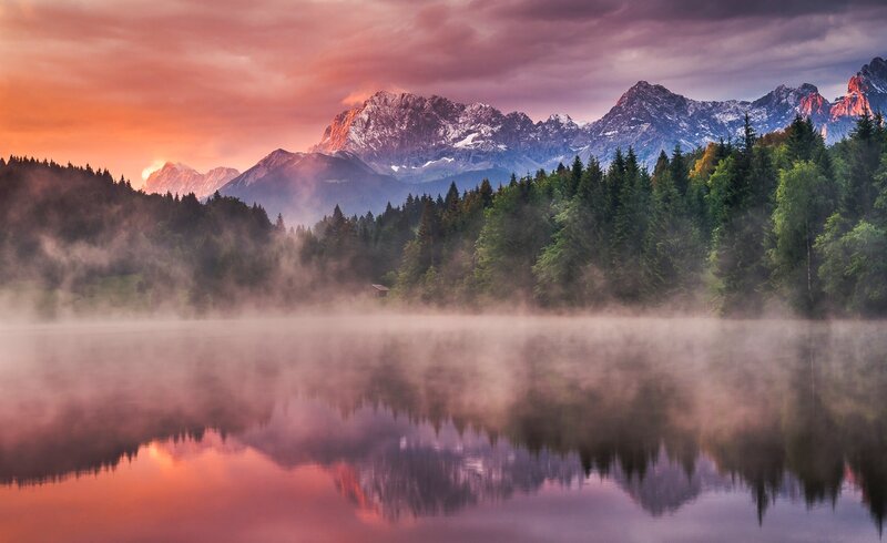Mountain Lake at Sunrise — Pink, Serene