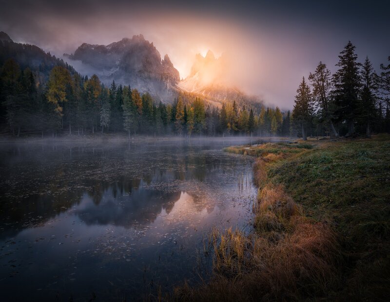 Mountain Lake at Sunrise — Purple, Serene, Photograph, Forest