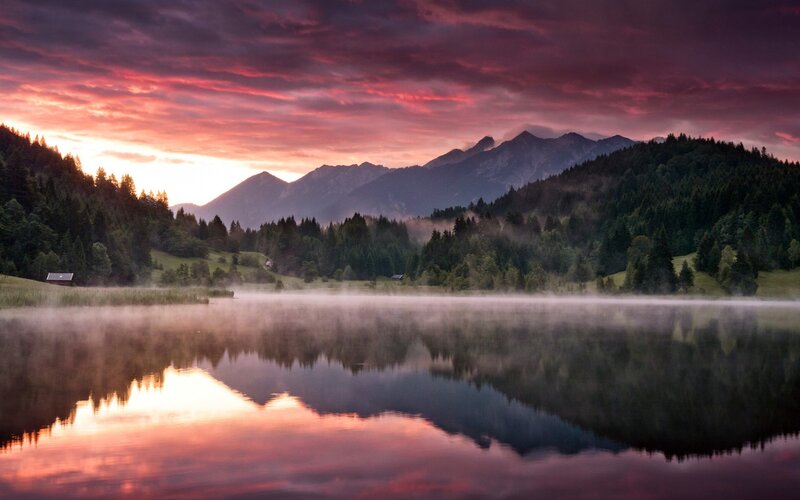 Mountain Lake at Sunrise — Purple, Serene, Photograph, Mountains, Forest