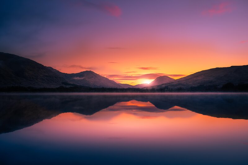 Mountain Lake at Sunrise — Purple, Serene, Photograph, Mountains