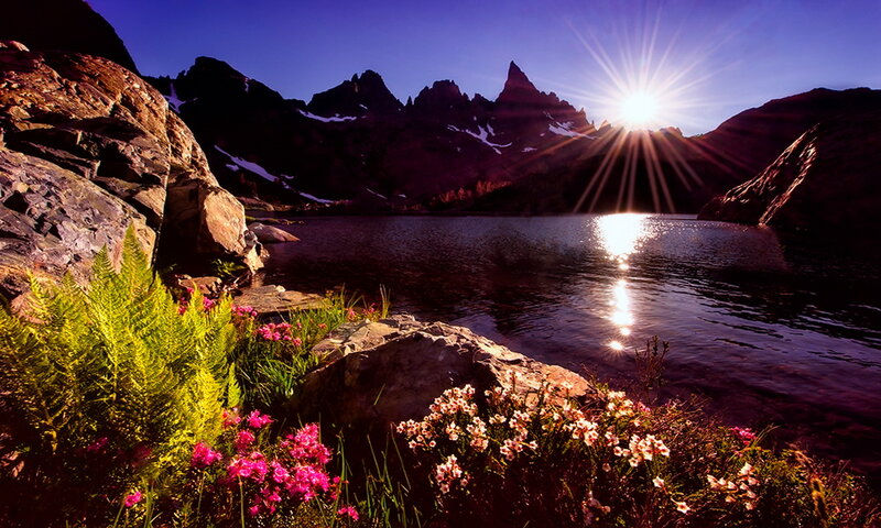 Mountain Lake at Sunrise — Purple, Serene, Photograph
