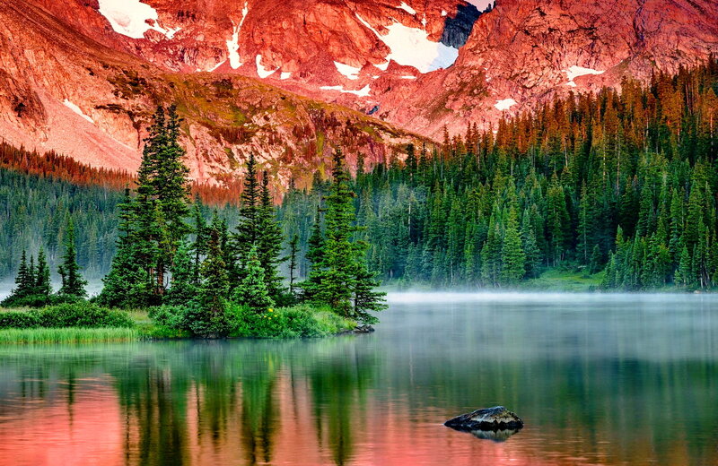 Mountain Lake at Sunrise — Red, Serene