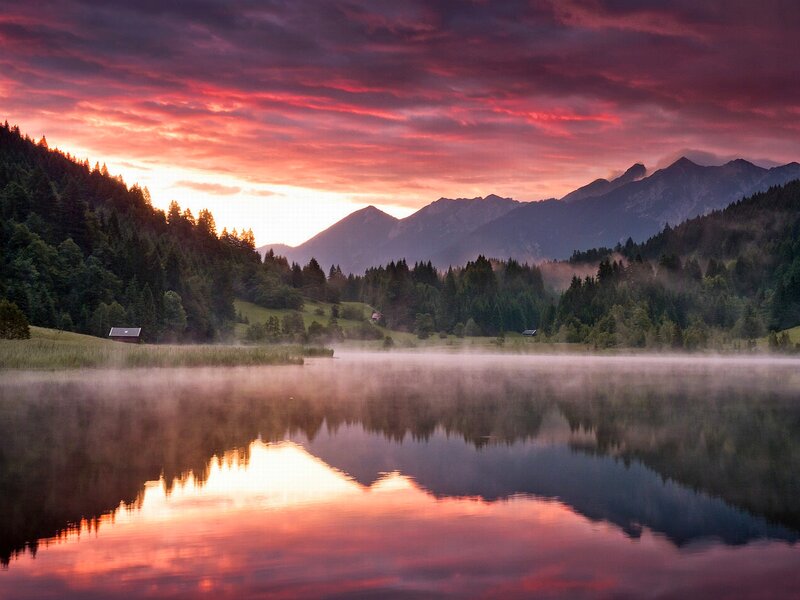 Mountain Lake at Sunrise — Red