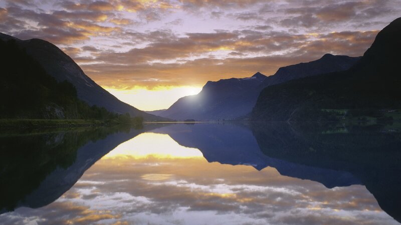 Mountain Lake at Sunrise — Yellow, Serene, Photograph, Mountains, Sky