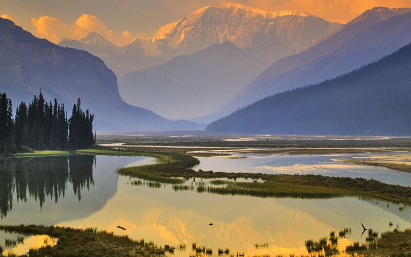 Mountain Lake at Sunrise — Yellow, Serene, Photograph, Mountains