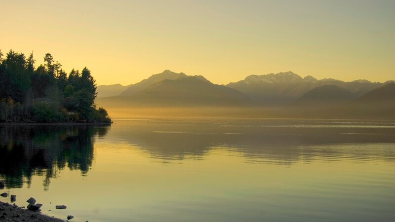 Mountain Lake at Sunrise — Yellow, Serene, Photograph, Trees, Mountains