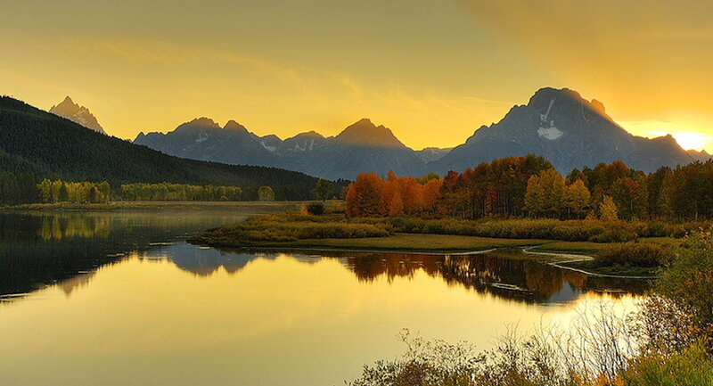 Mountain Lake at Sunrise — Yellow, Serene