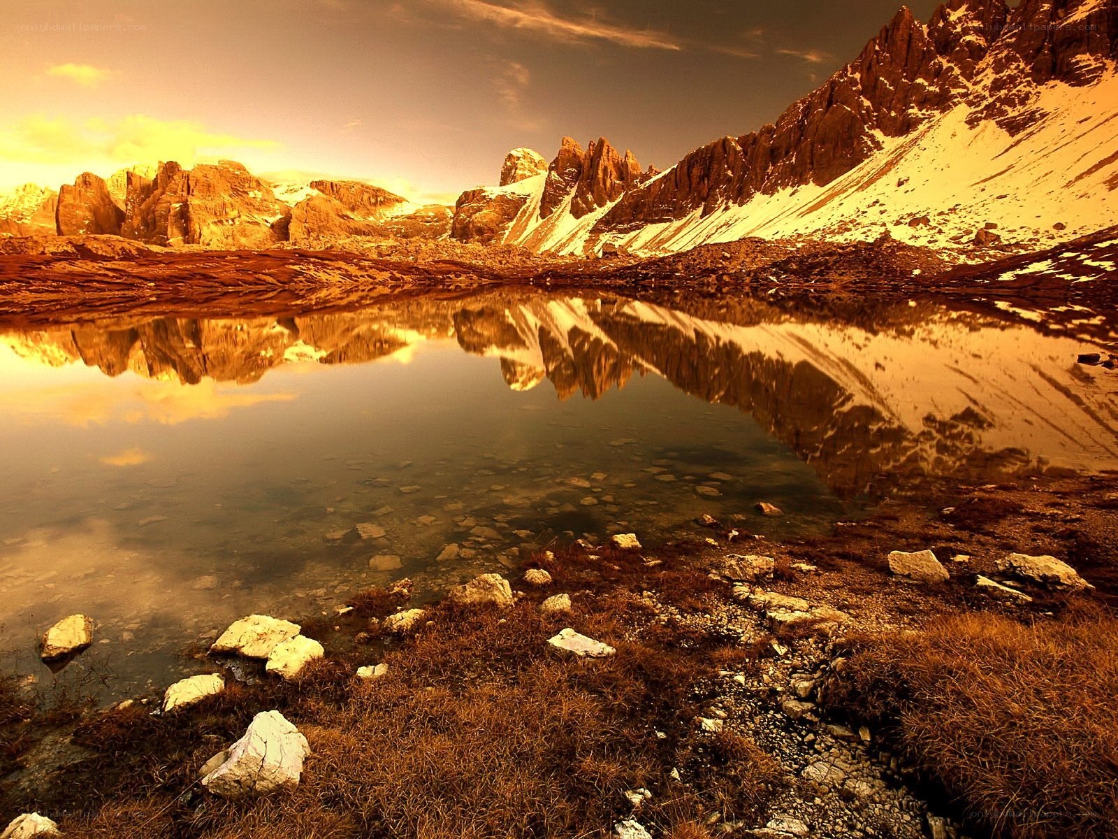 Mountain lake at sunset