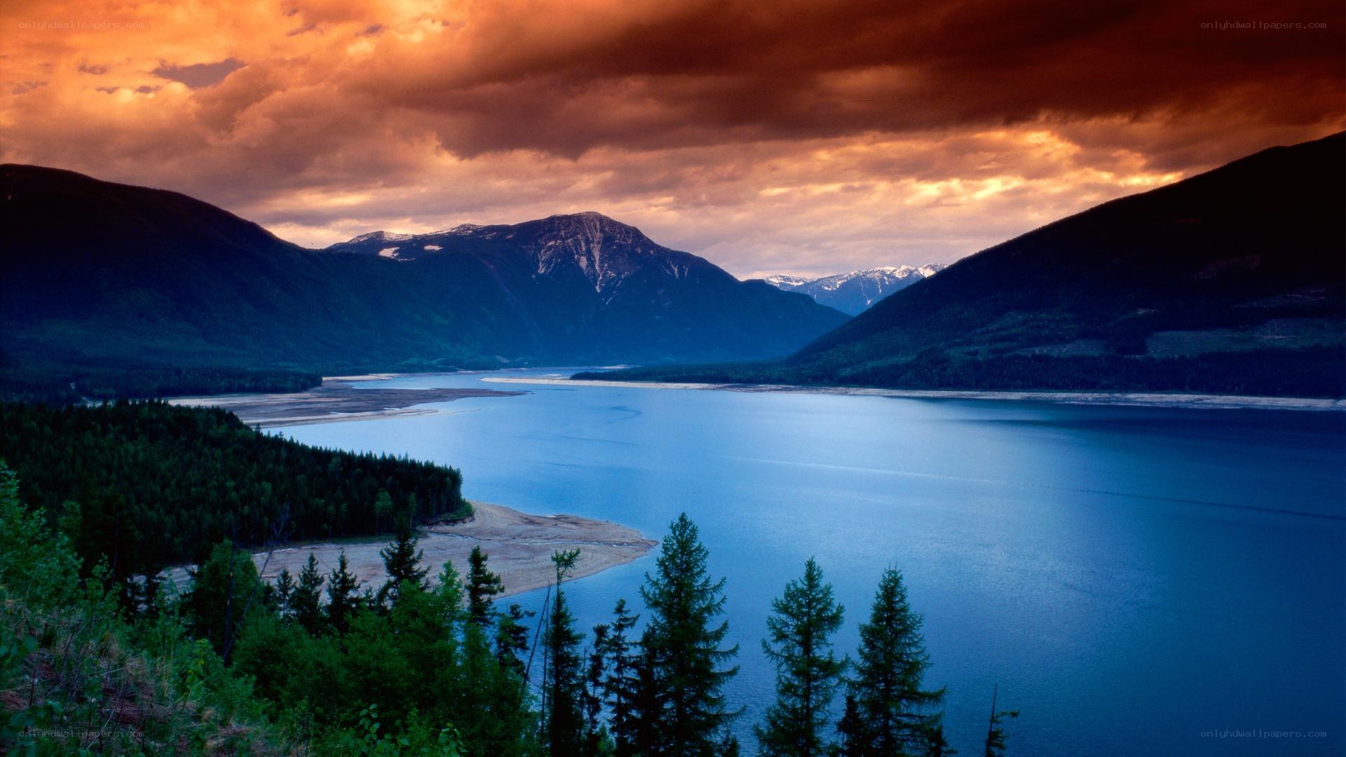 Mountain lake at sunset