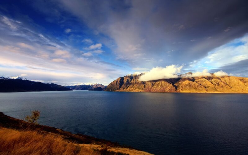 Mountain lake at sunset