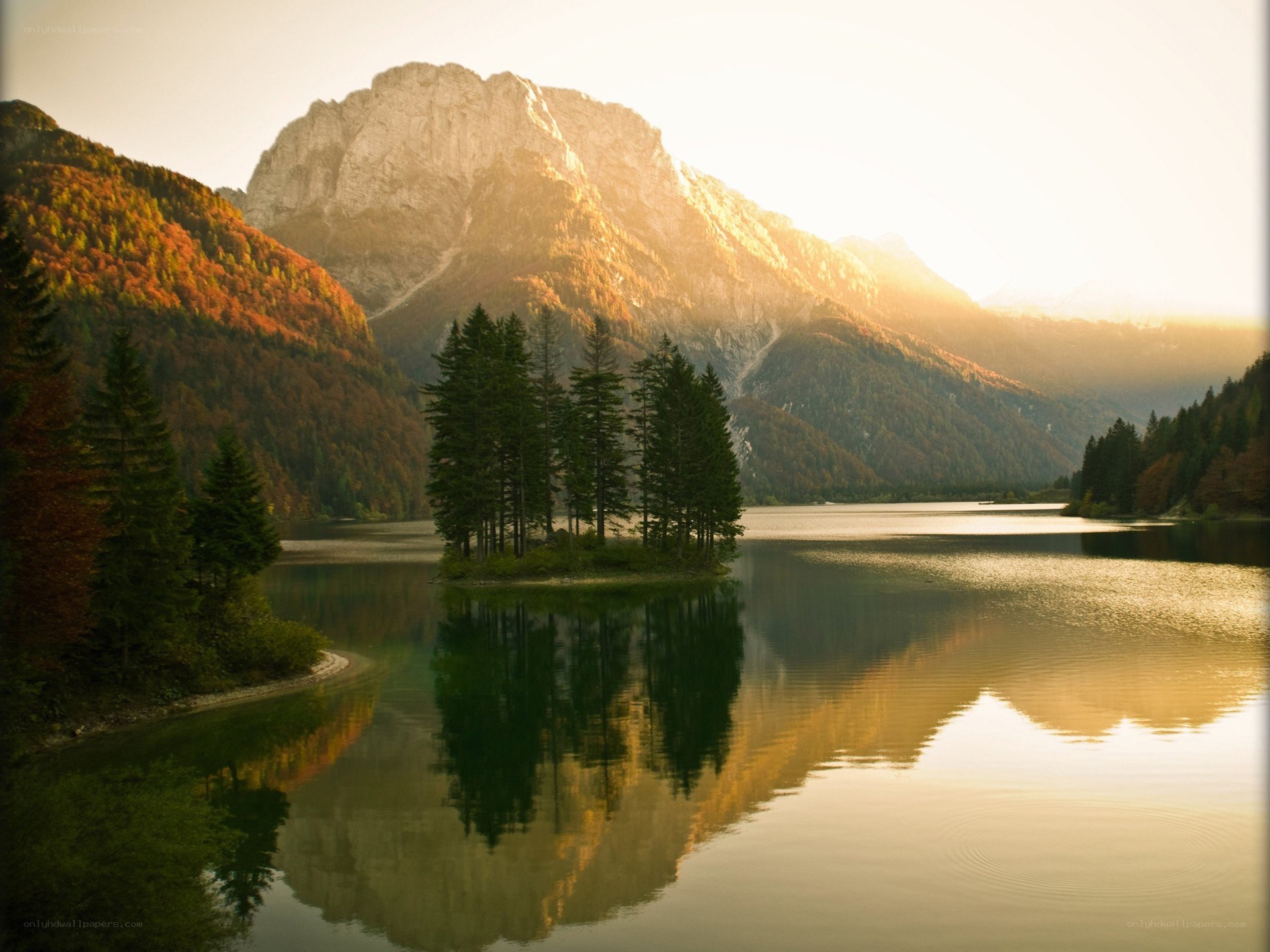Mountain lake at sunset