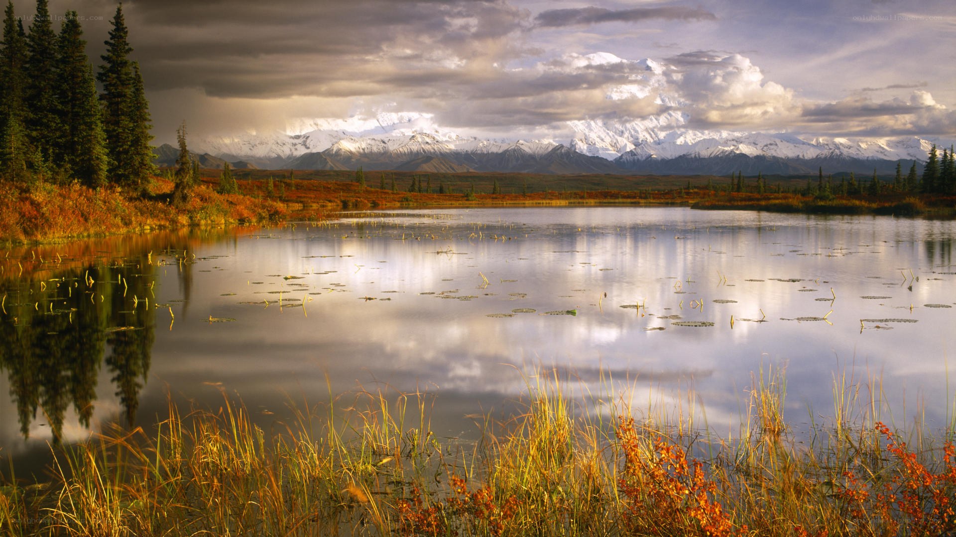 Mountain lake at sunset