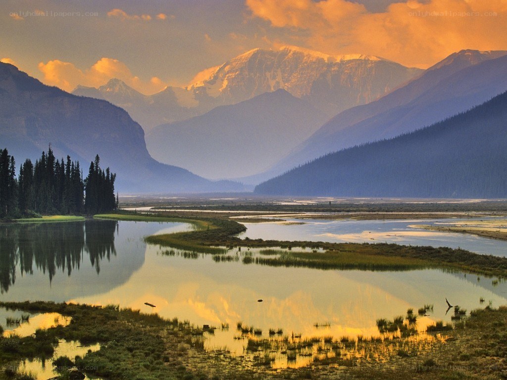 Mountain lake at sunset