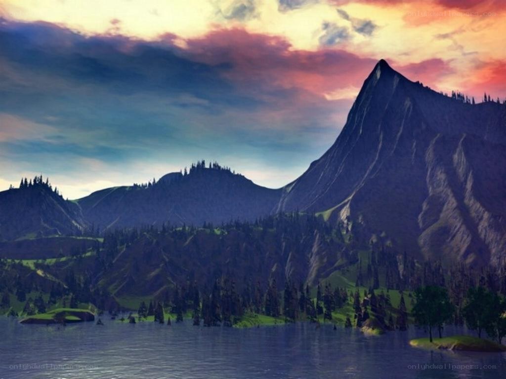 mountain lake at sunset