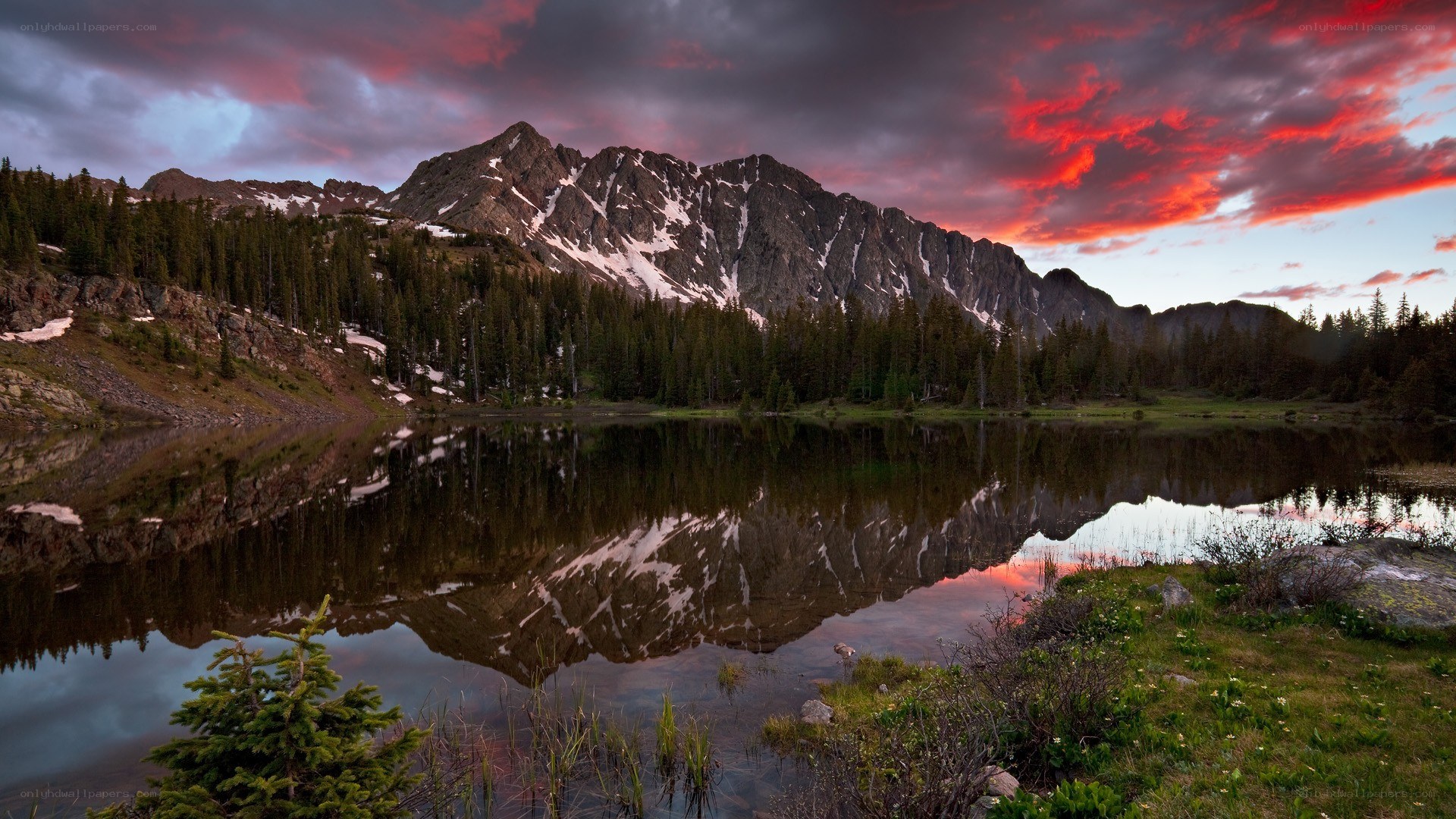 Mountain lake at sunset
