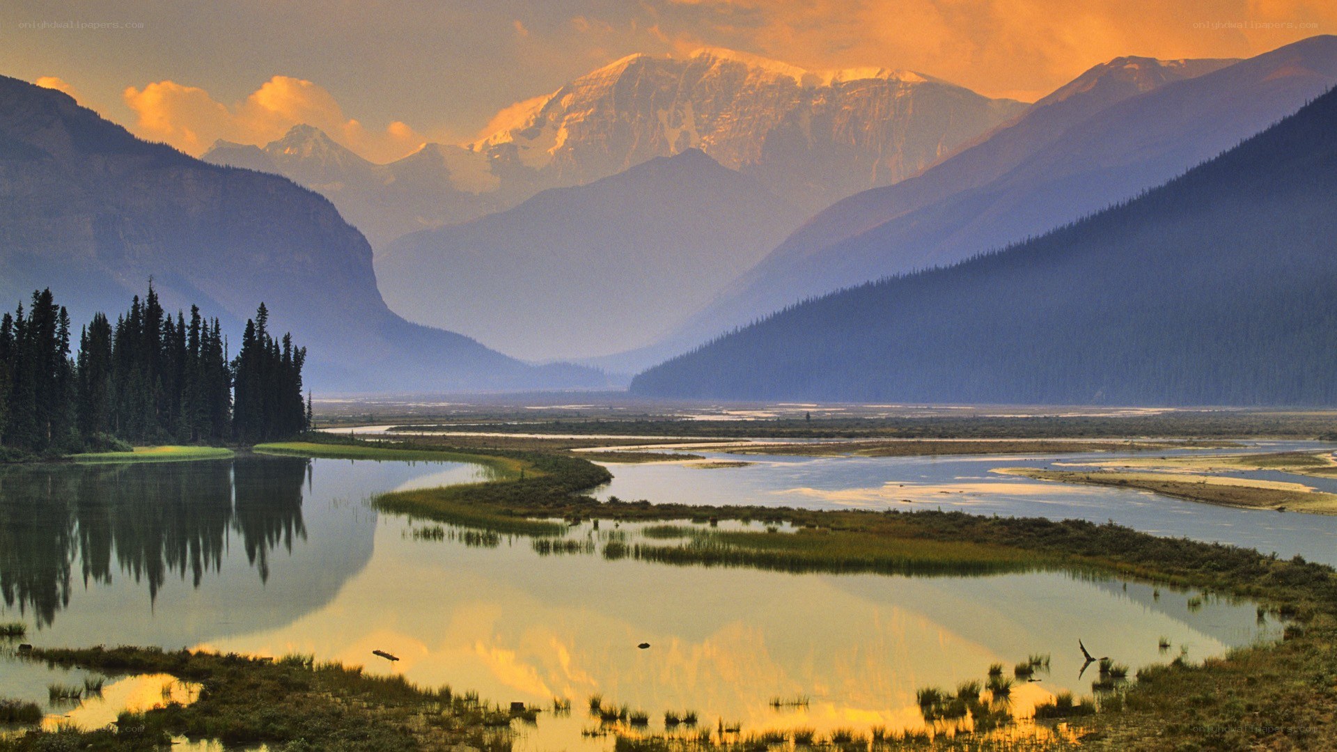 Mountain lake at sunset