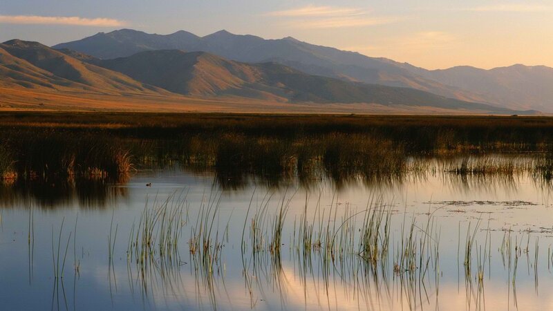 Mountain lake at sunset