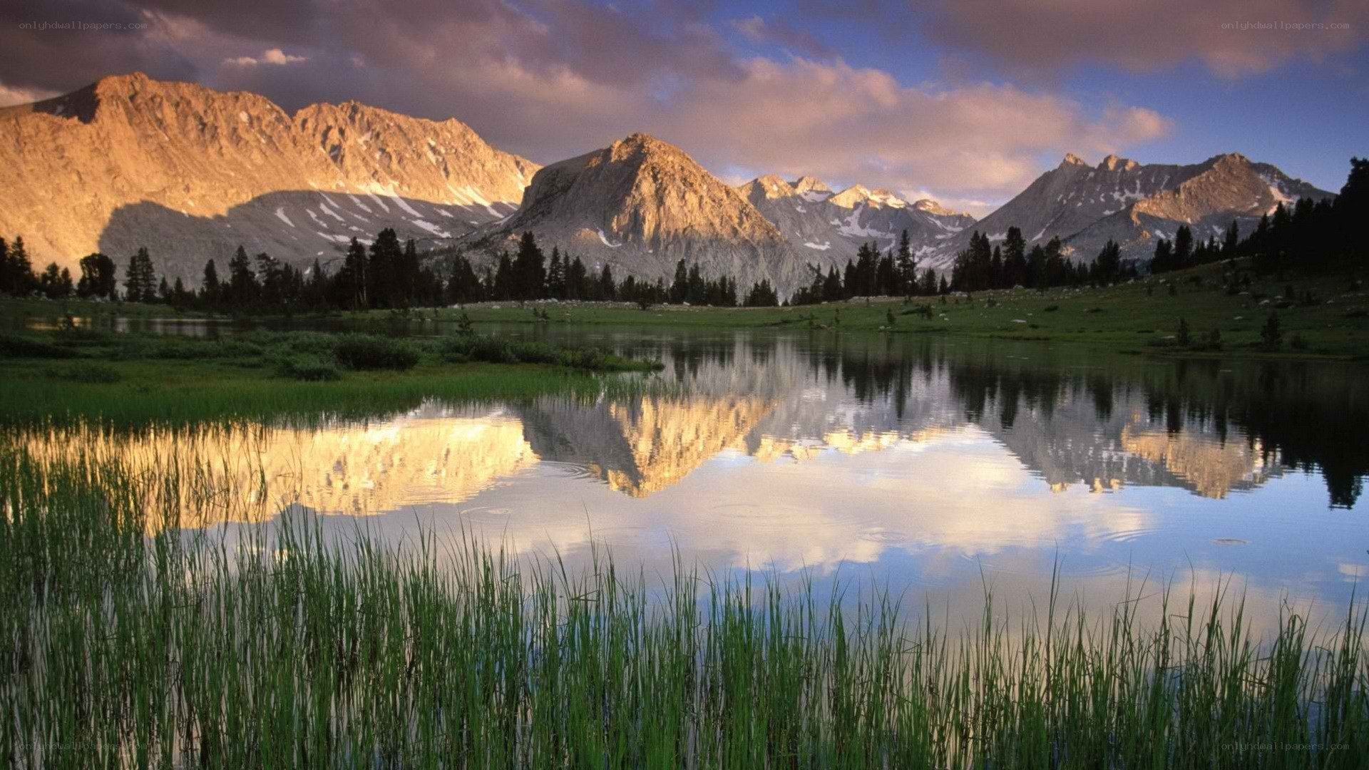 mountain lake at sunset