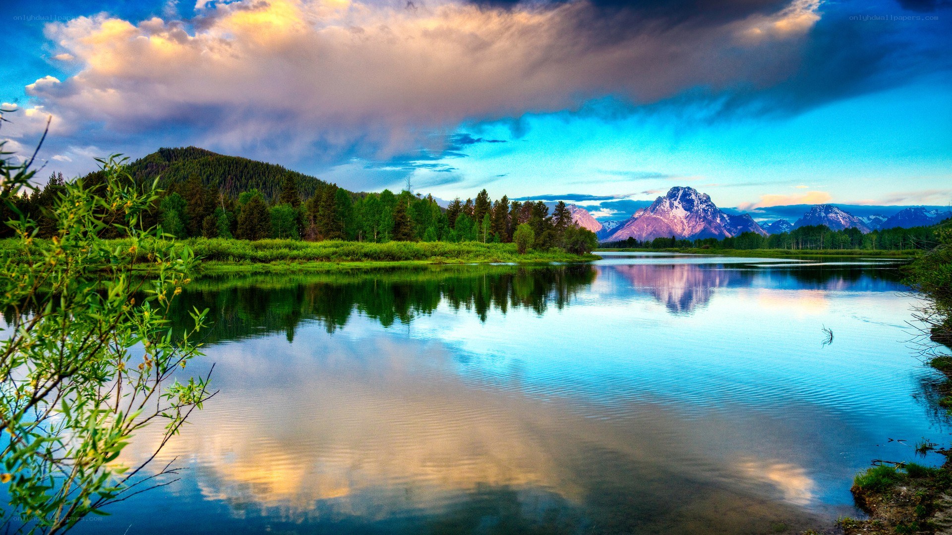 Mountain lake at sunset