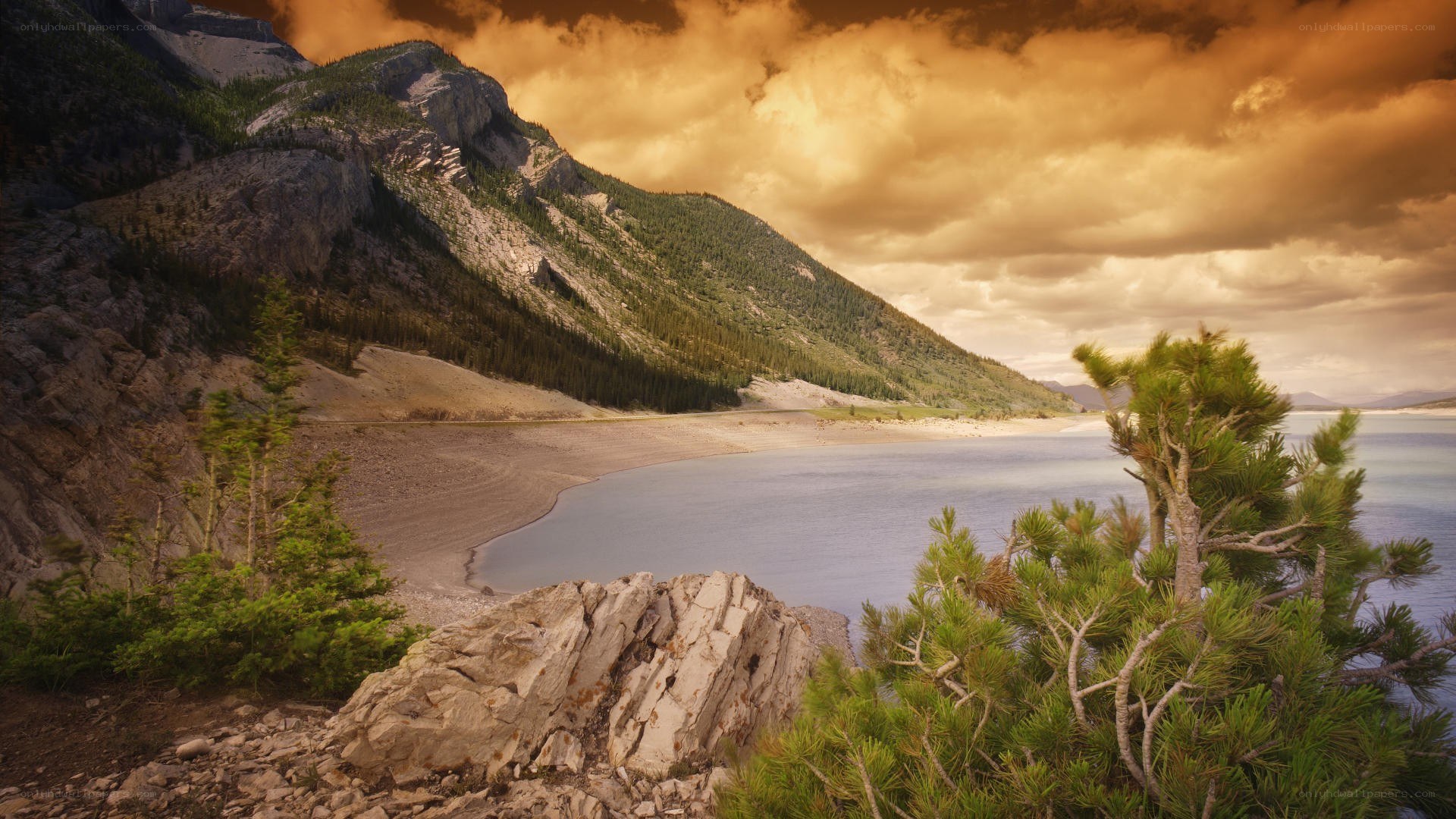 Mountain lake at sunset