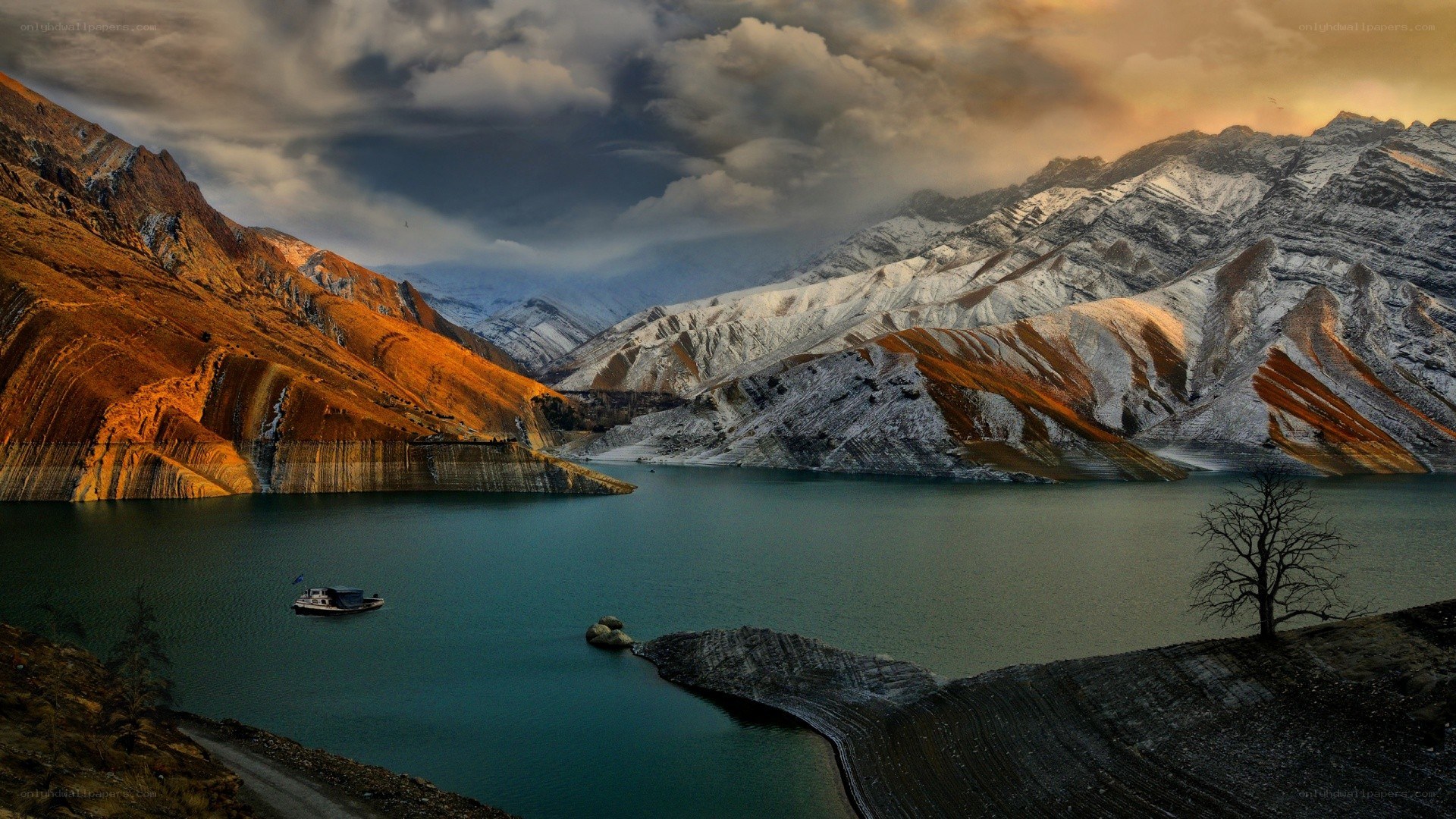 Mountain lake at sunset