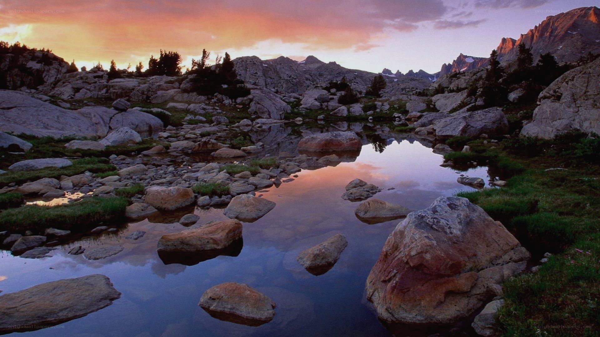Mountain lake at sunset