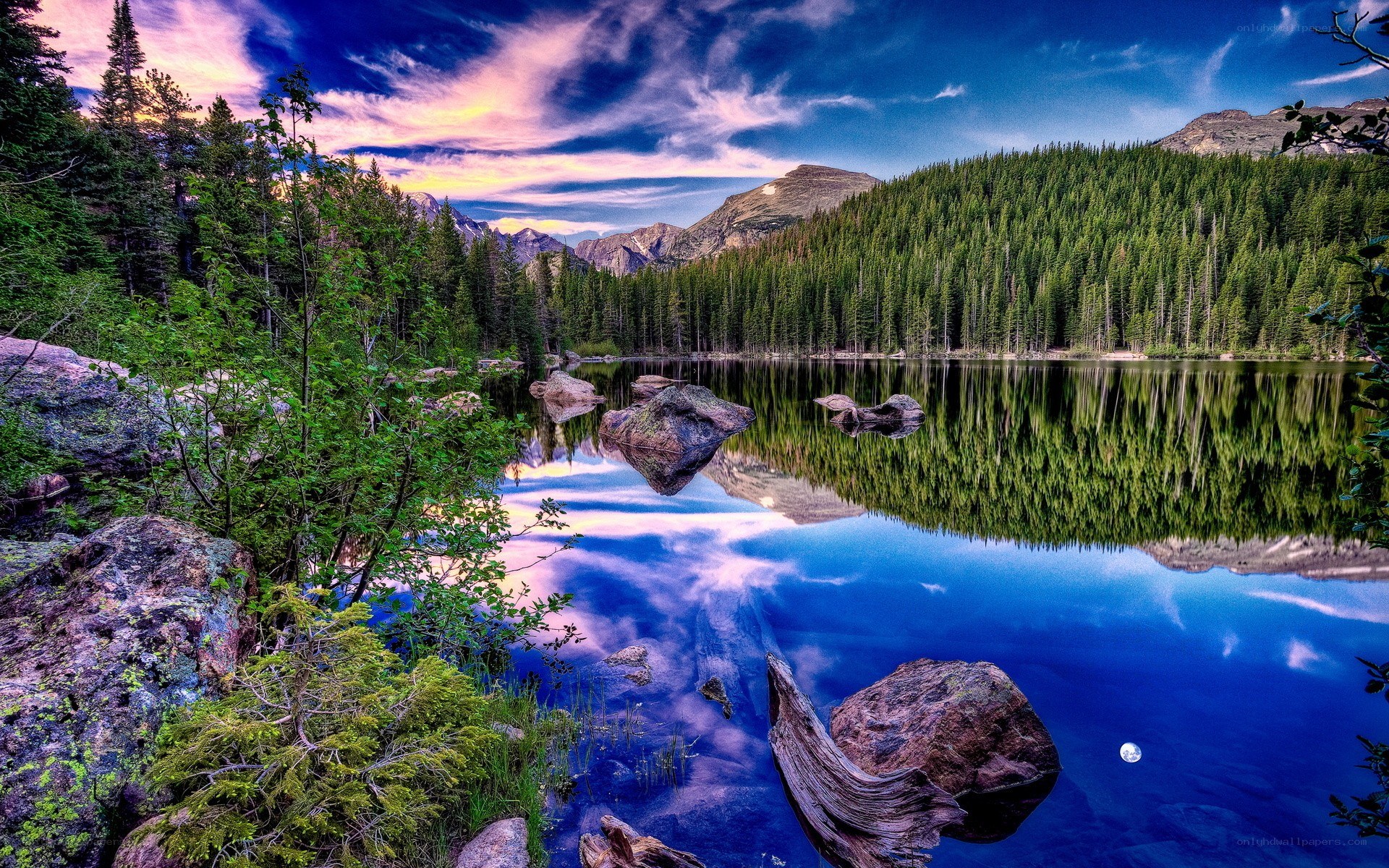 Mountain lake at sunset
