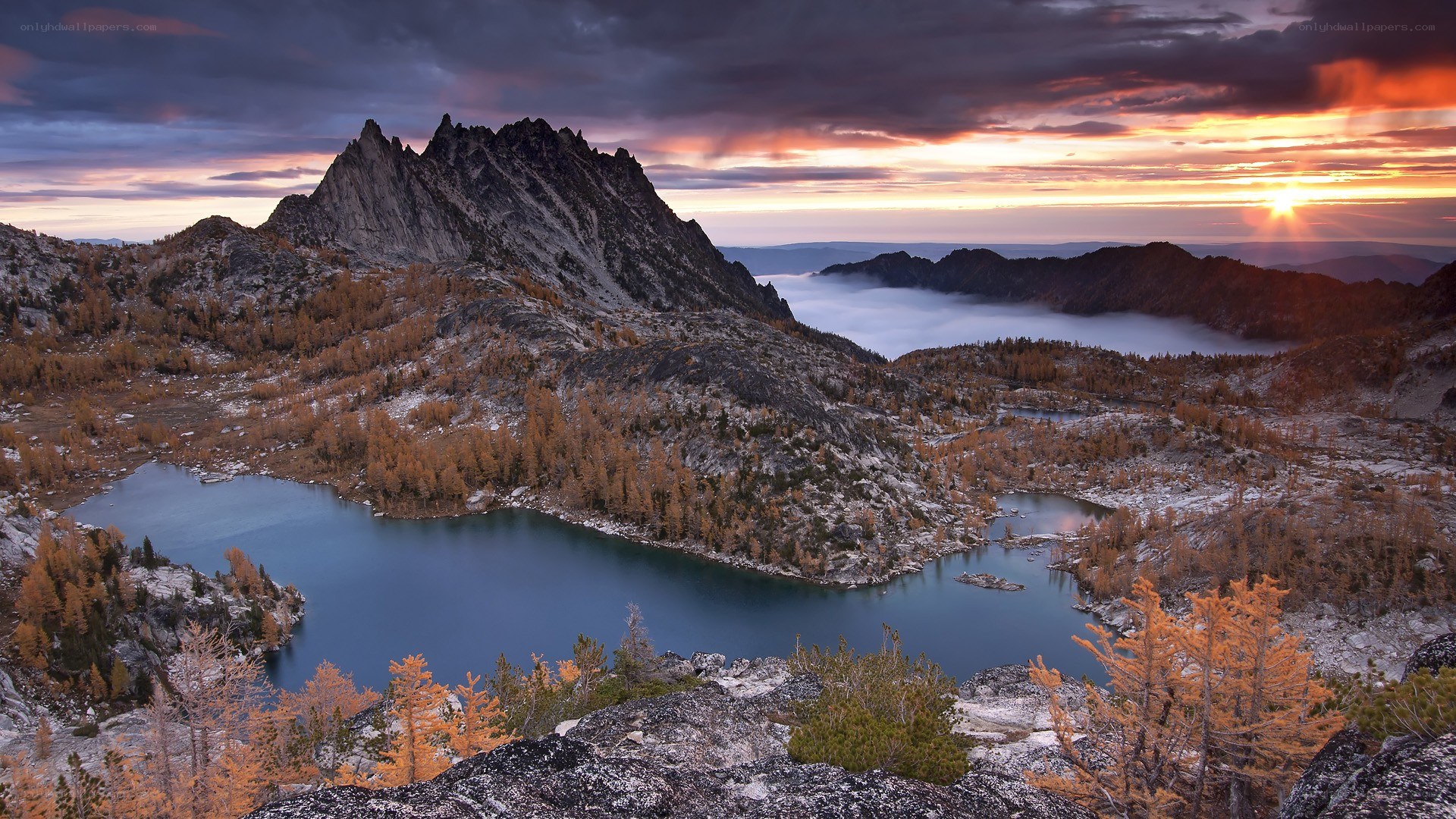 Mountain lake at sunset